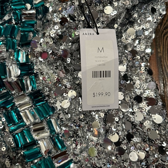 AKIRA Silver sequin Dress with teal rhinestones - Picture 5 of 6